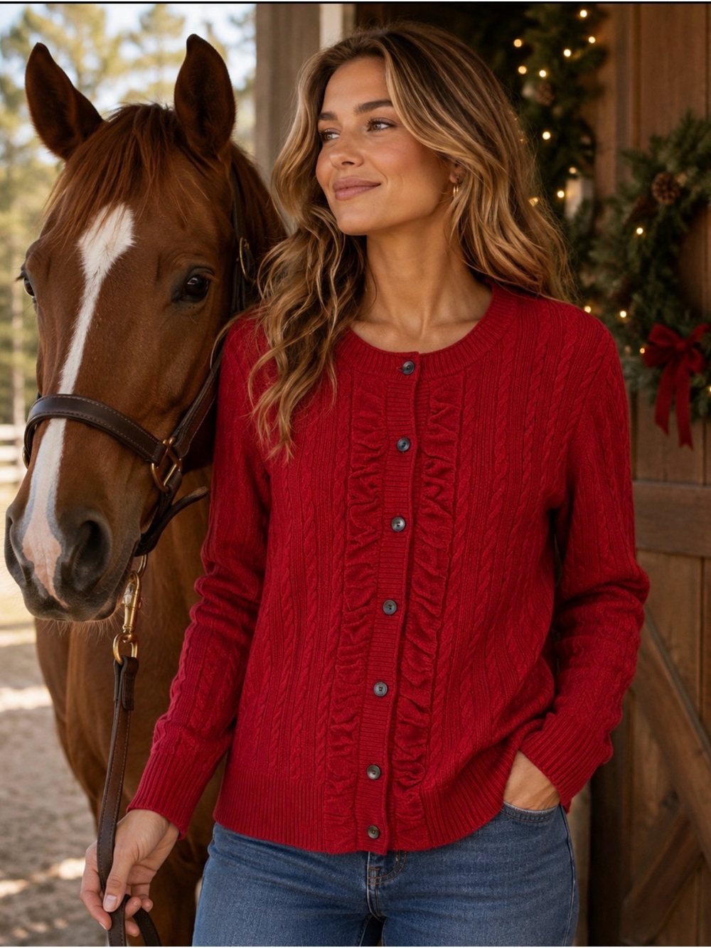 Eddie Bauer Red Cable Knit Ruffle Button Cardigan Sweater Size M